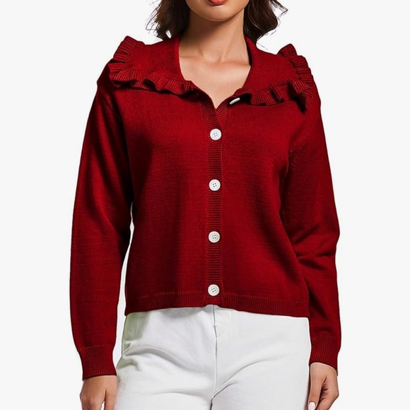 YEXPINE Sweaters - Chic Ruffled Burgundy Cardigan Sweater
